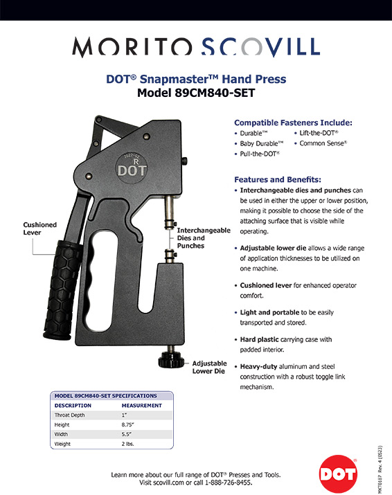 DOT® Snapmaster™ Hand Press Model 89CM840-SET Product Sheet