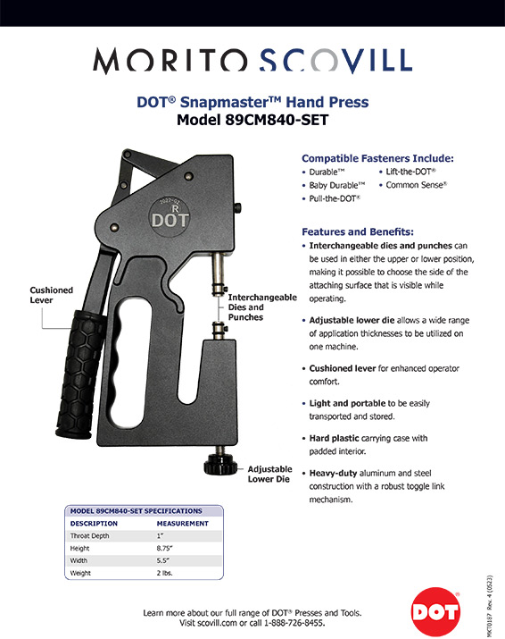 Morito Scovill DOT® Snapmaster™ Hand Press Model 89CM840-SET Product Sheet